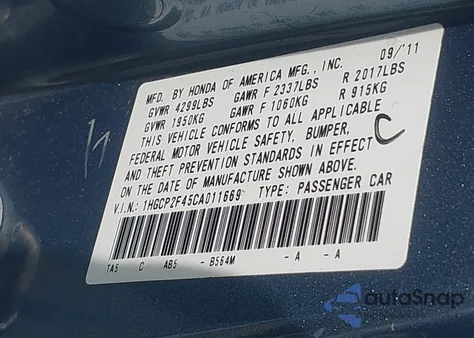 2012 Honda Accord 2.4 Lx-P из США, поврежденный, VIN 1HGCP2F45CA011669